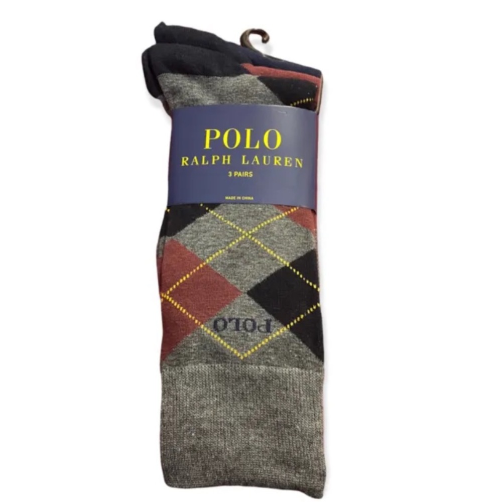 Polo Ralph Lauren 3-Pair Casual Dress Socks  Argyle  Gray Burgundy Blue 10-13